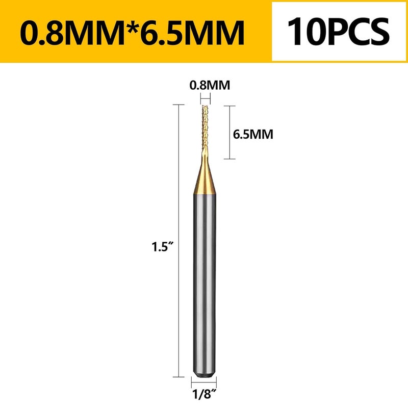 WEXWE Tools 10Pcs 0.8mm TiN Coating Solid Carbide End Mill Engraving Milling Cutter CNC Router Bits for PCB Machine, 1/8" Shank 1BOX - Image 5